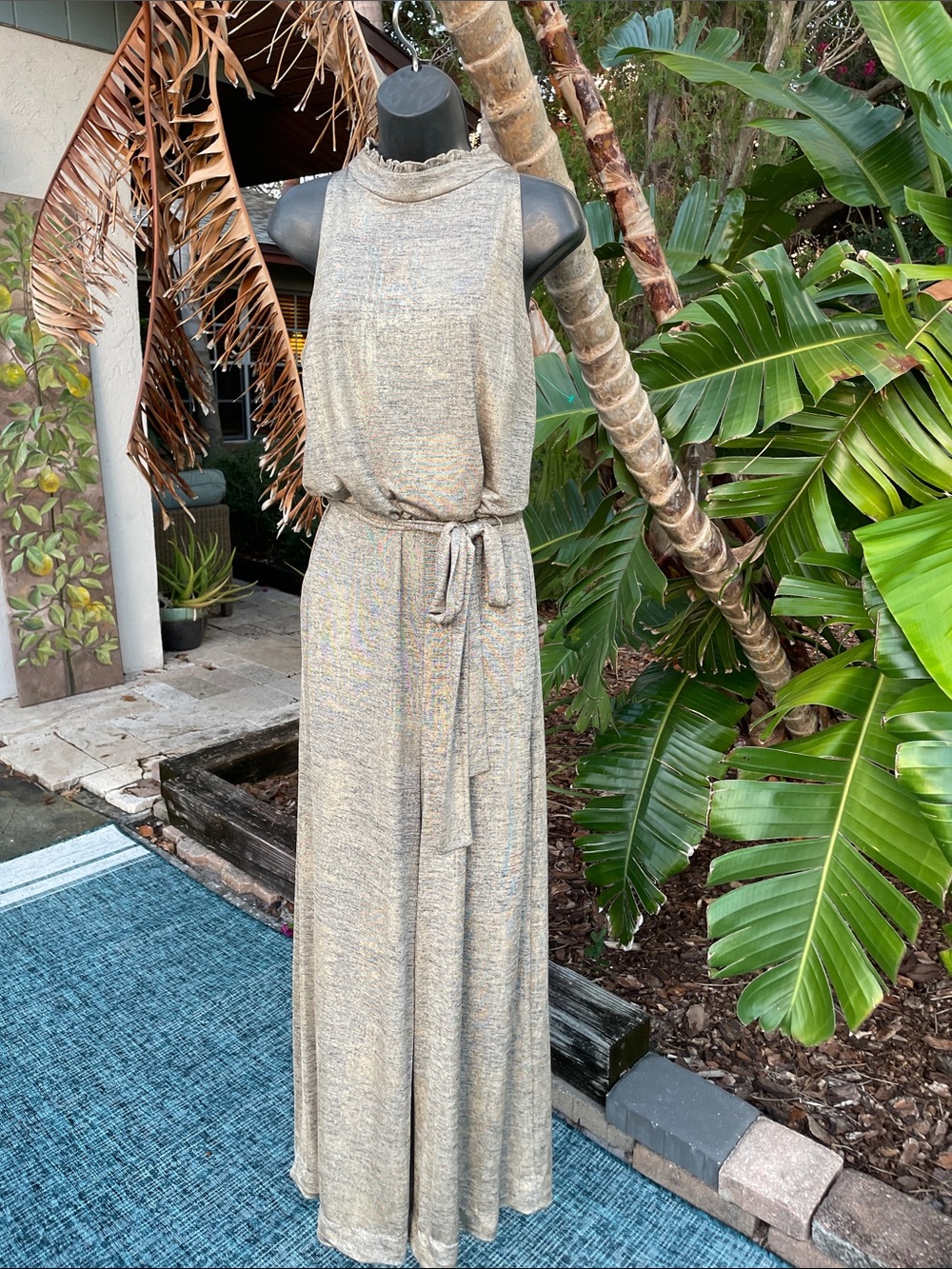 Gold halter look wide leg jumpsuit by Vince Camuto